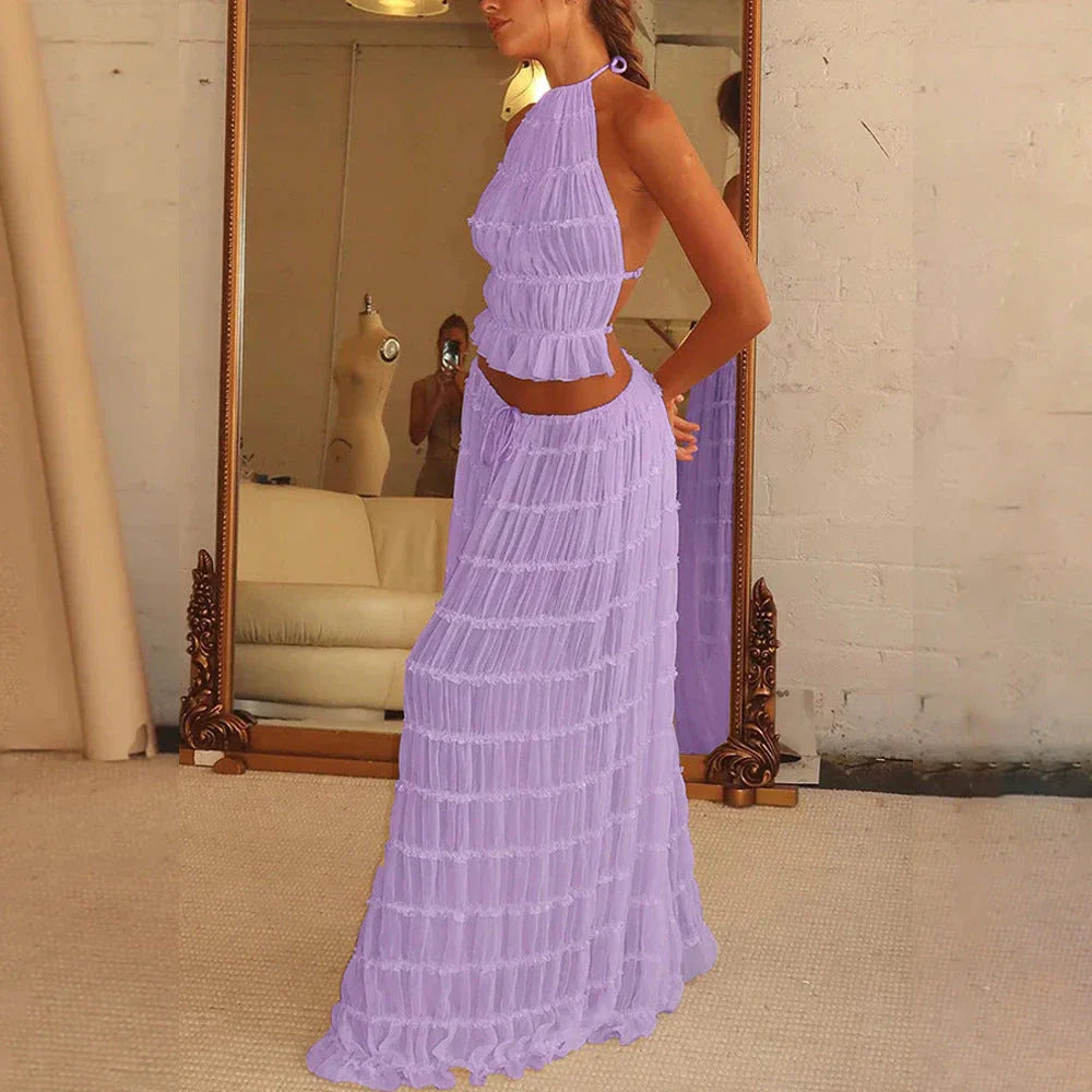 Sleeveless backless cropped halter top and pleated maxi dress set in various colors