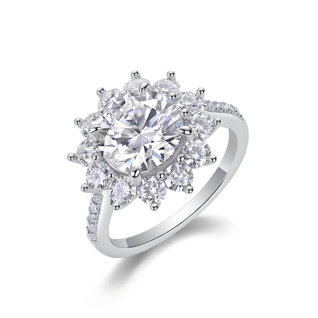 Sunflower 3 carat moissanite wedding ring set in platinum-plated S925 silver in gift box