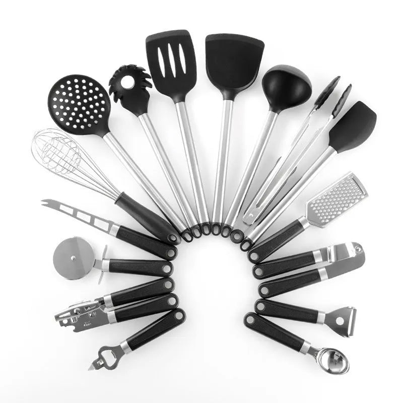 Black silicone spatula and spoon set with stainless steel handles containing 16 kitchen utensils