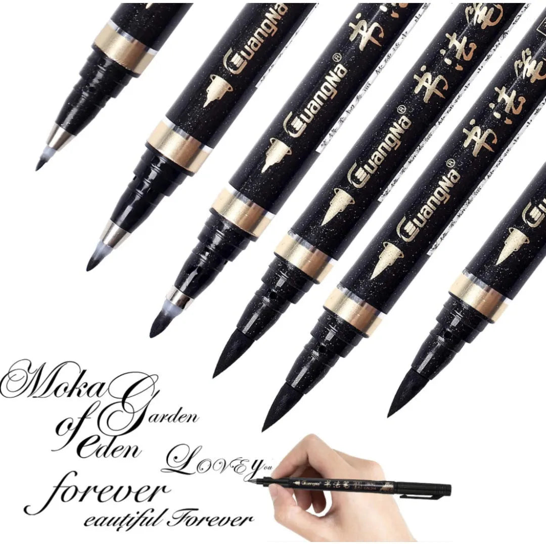 6-piece calligraphy pen set with soft brush nibs and plastic barrel in a gift box