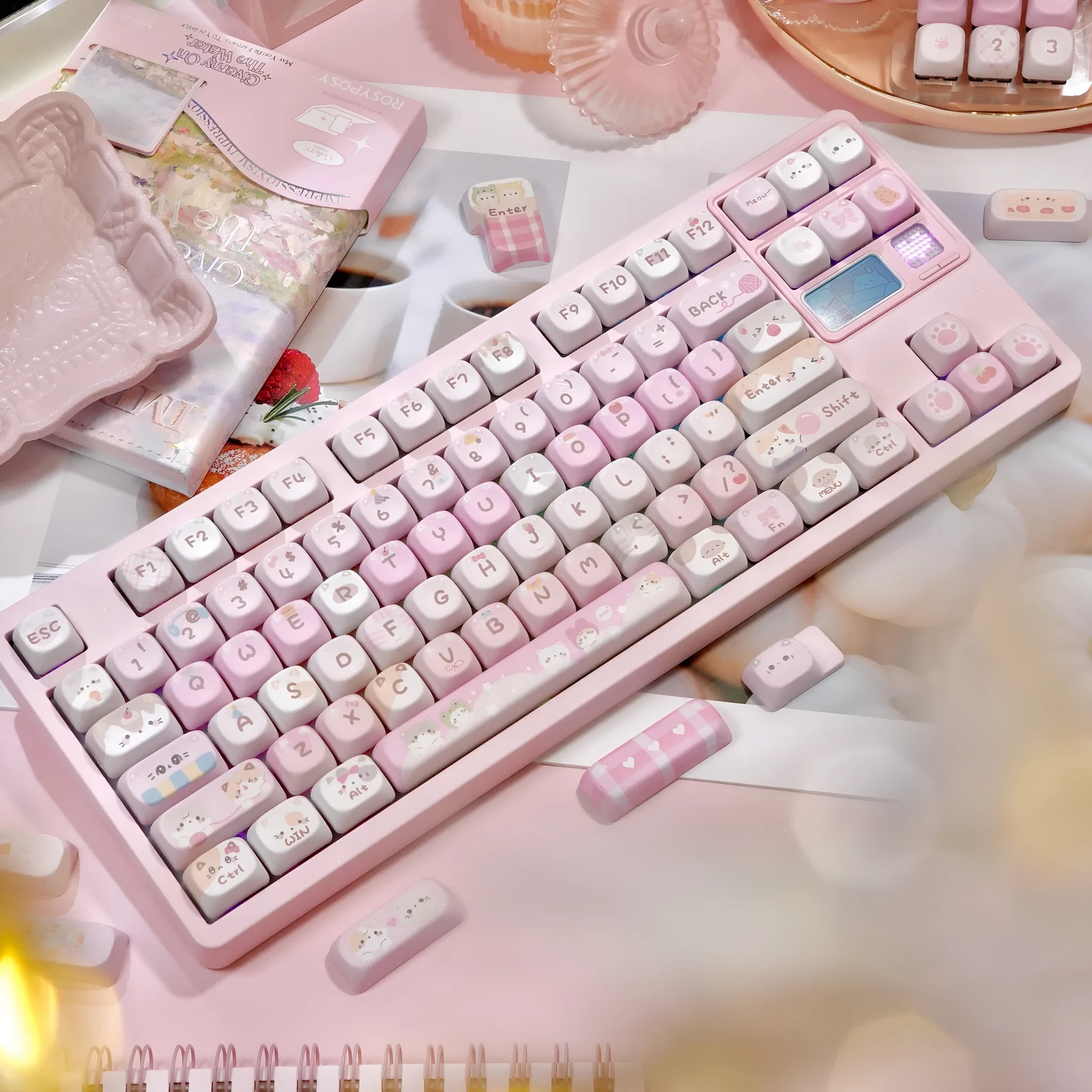 Pink MOA five-sided sublimation keycap set with cartoon design for mechanical keyboards