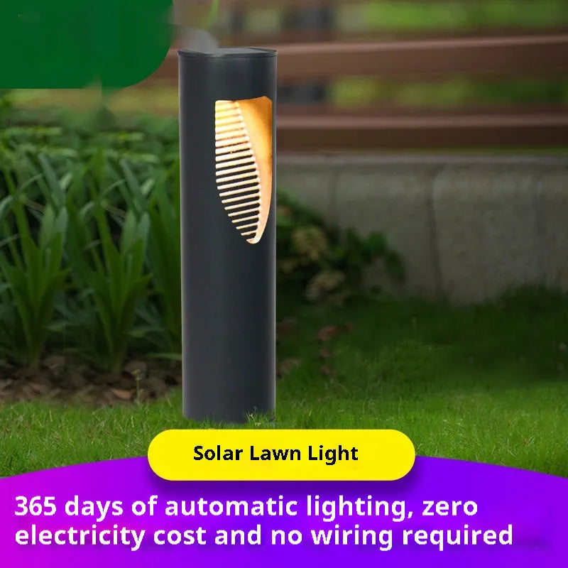 Black geometric solar-powered lawn light for outdoor garden use.