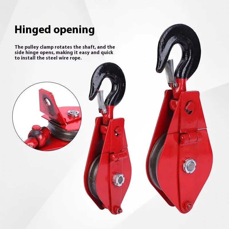 Red industrial lifting pulley with a forged steel hook and safety latch, rated for general lifting use.