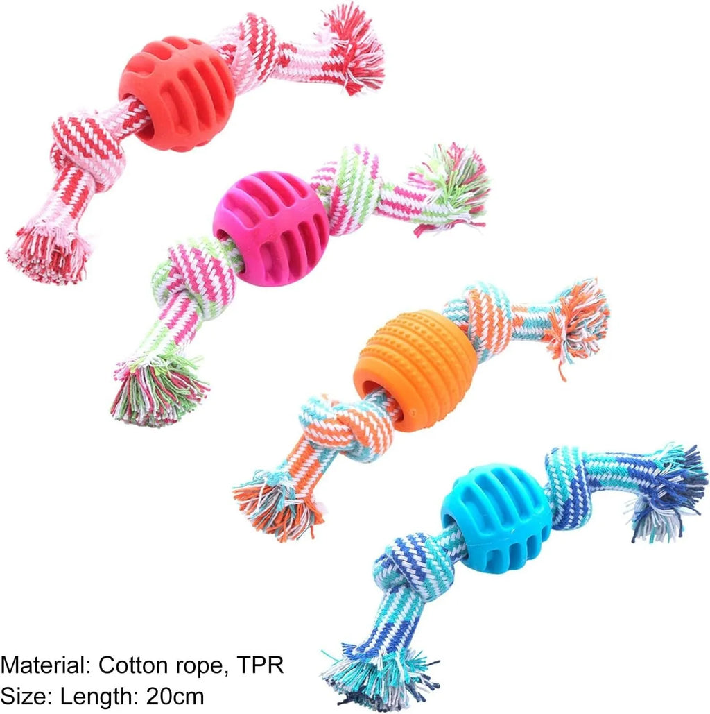 Blue dog chew toy with rope strands and molar cleaning textured surfaces