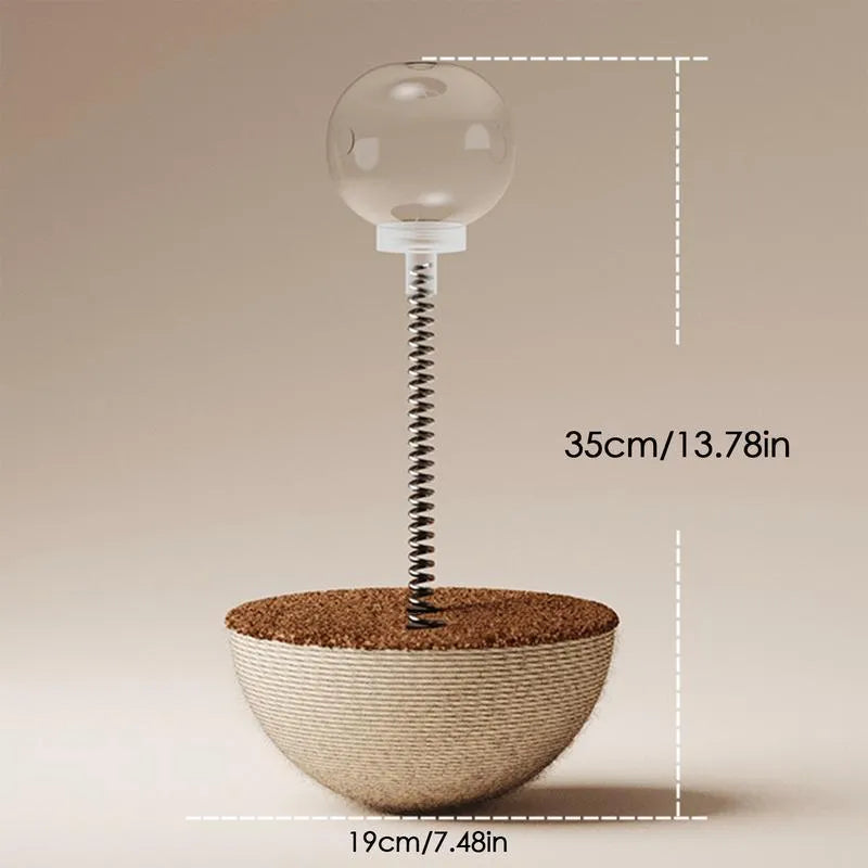 Auto-balancing cat food puzzle toy with slow feeder function in PP plastic and rope construction