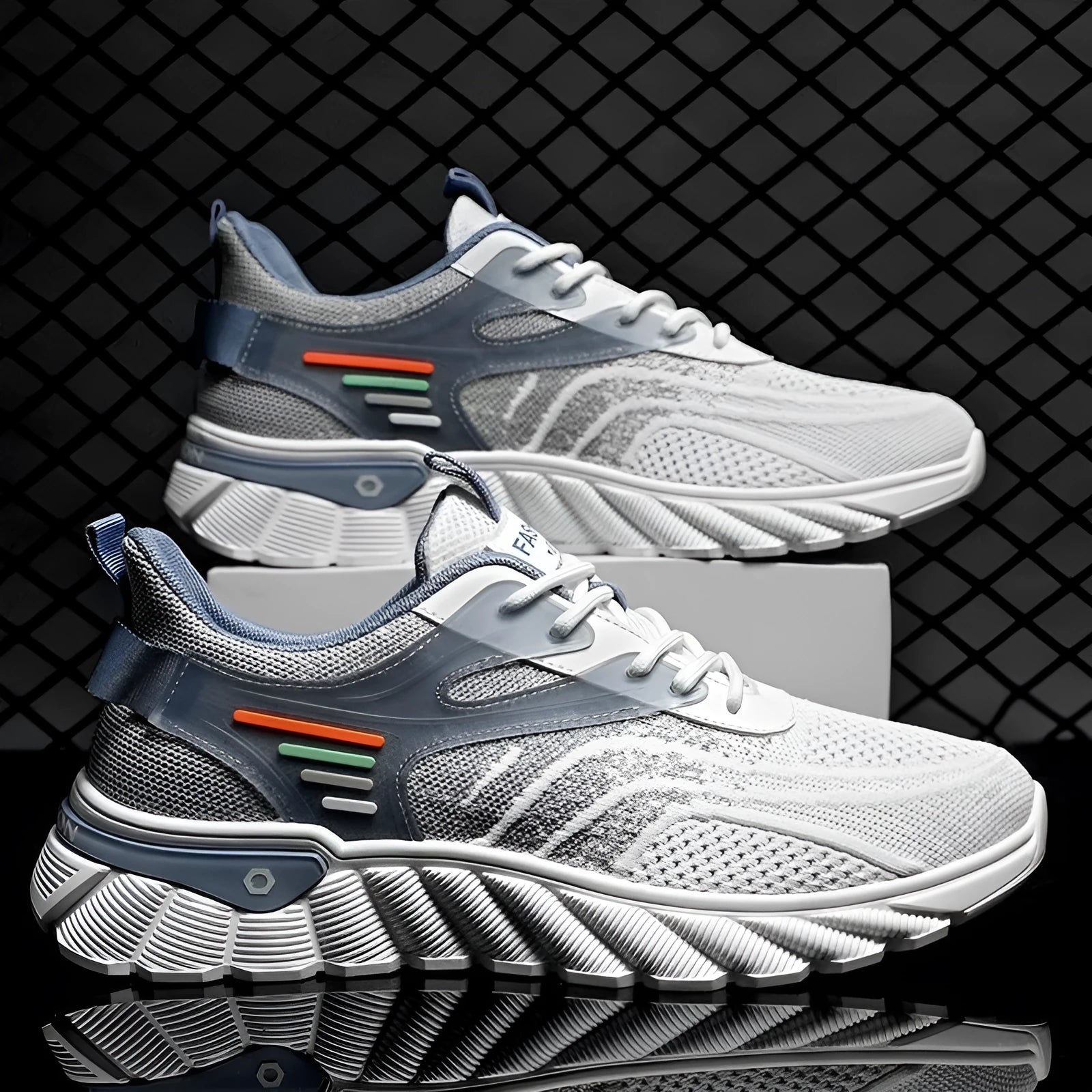 Men's white blue platform casual running shoes with cross shoulder straps and rubber sole