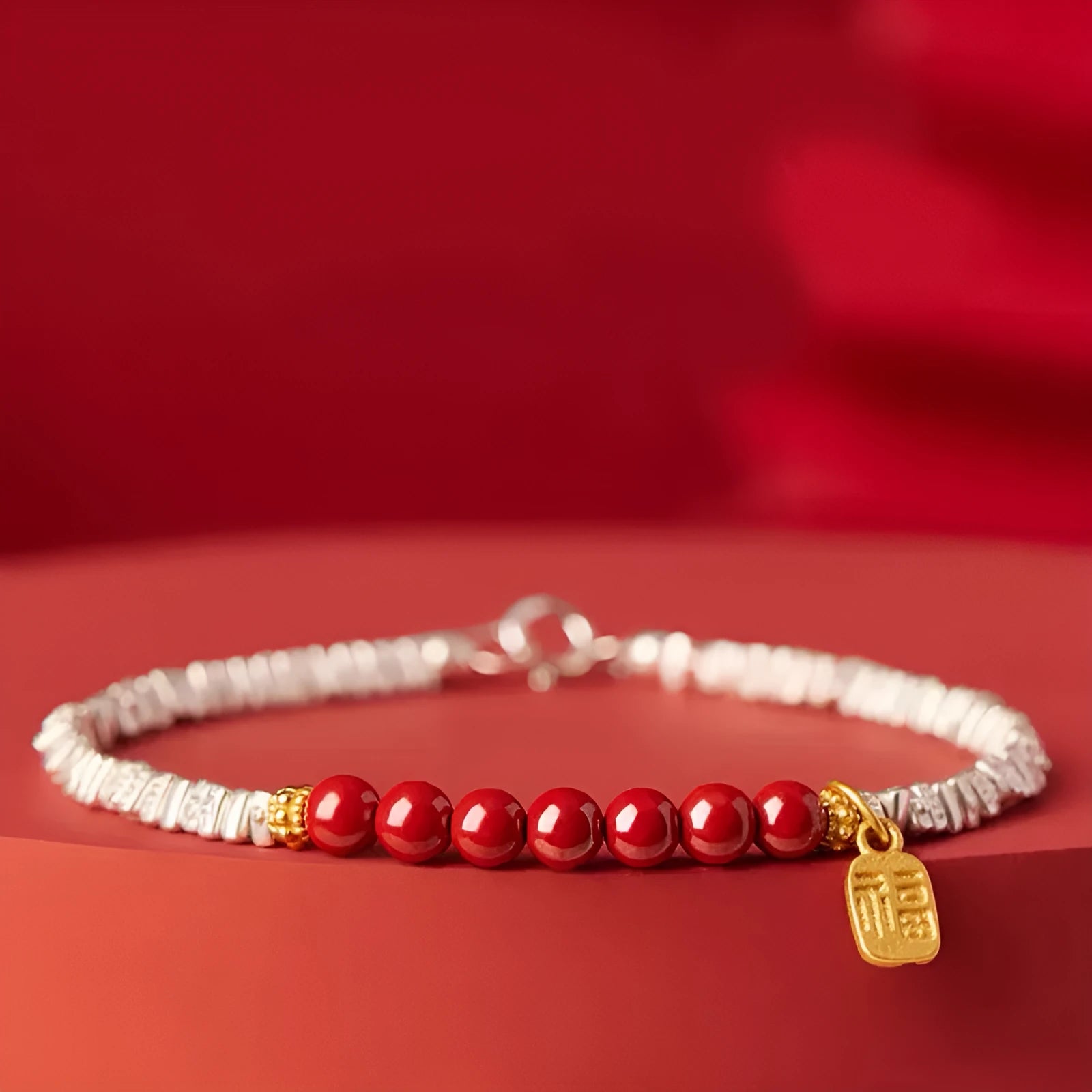 Silver couple bracelet with geometric round beads on copper with gold plating, 16cm length