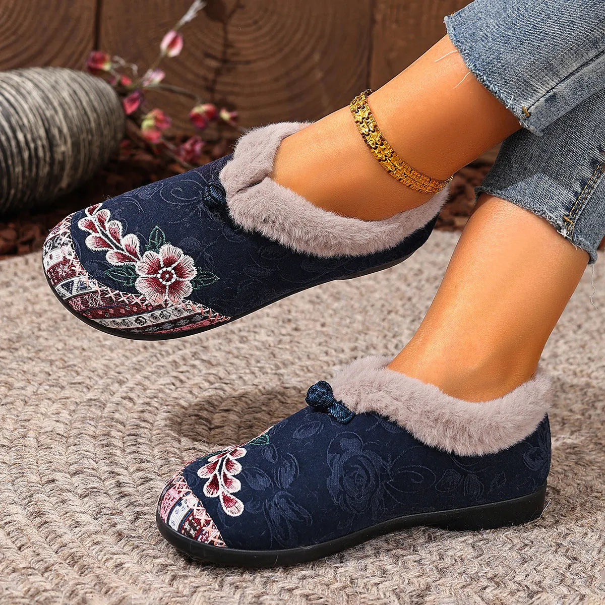 Flat bottom embroidery cotton shoes for women with floral pattern, round toe, PVC sole, available in multiple colours and sizes.