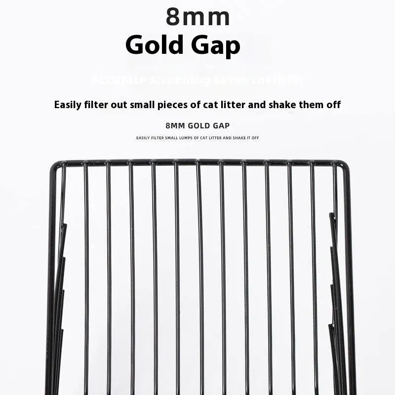 Black metal cat litter scoop with 0.8cm spacing between tines for waste removal
