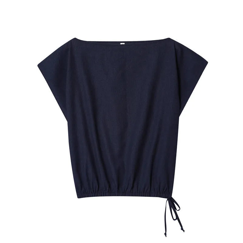 Women's linen-look shirt with off-neck and flounced sleeves paired with wide leg trousers