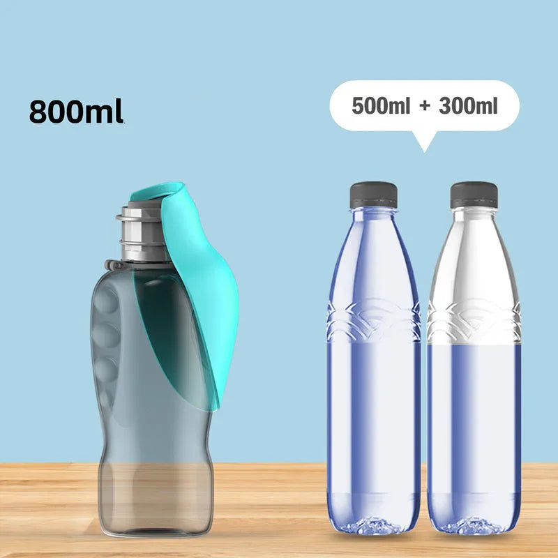 Blue grey portable dog water bottle with foldable drinking bowl showing 800ml capacity