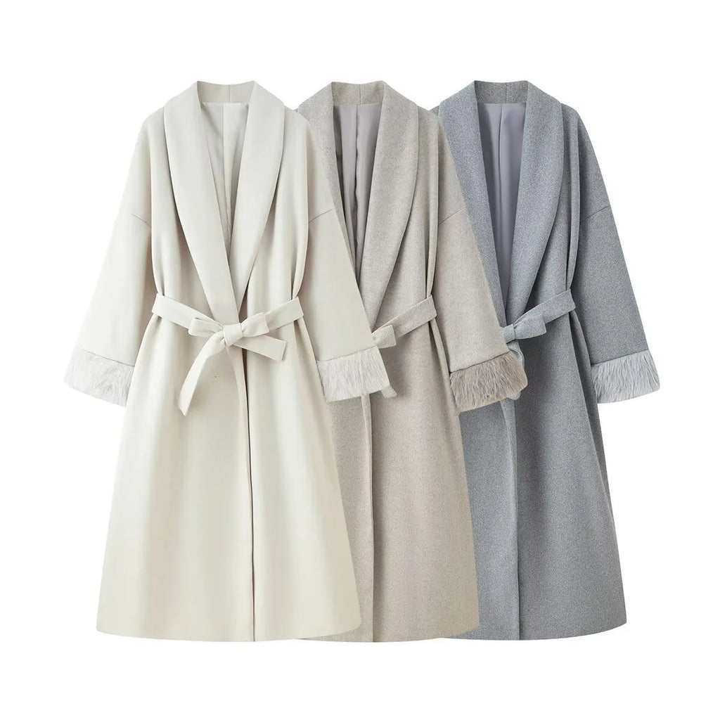 Women's loose fit woolen coat with lace cuffs in dark gray, apricot, or beige, sizes S to L