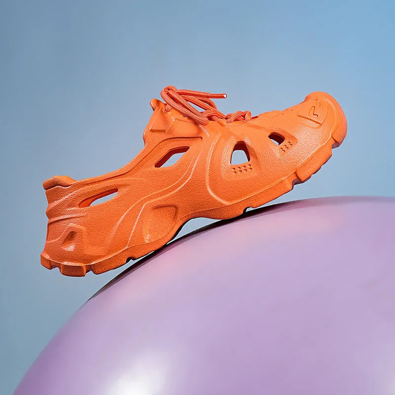 Unisex high elastic EVA sandals with thick sole in fluorescent green, orange red, and rose red.