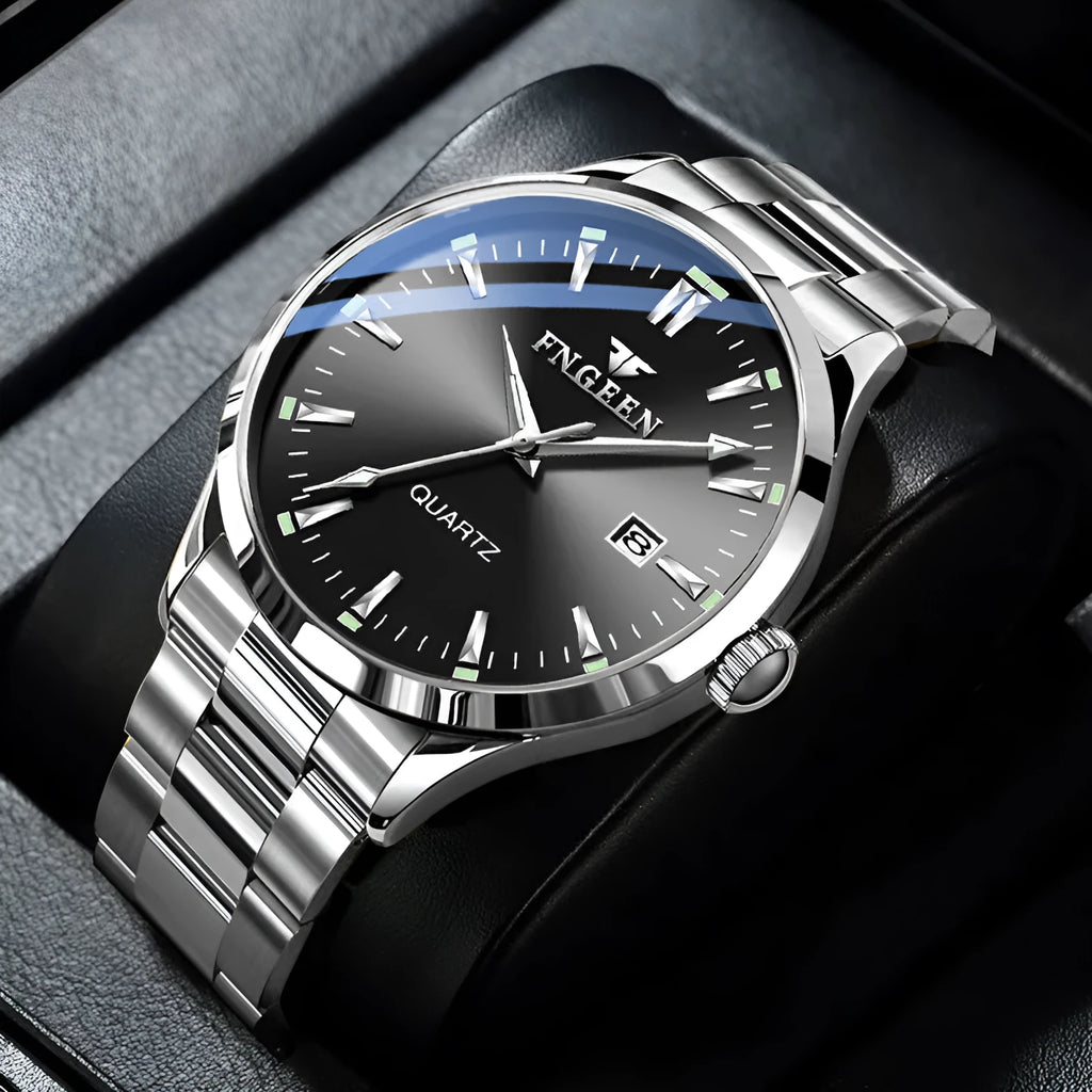 Men's quartz business watch with 10mm case, coated glass mirror, and stainless steel back in black or white steel or leather