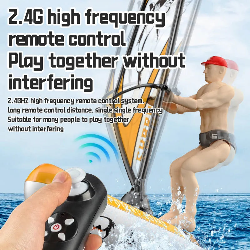 Blue high-speed electric remote control sailboat toy with plastic body on water surface