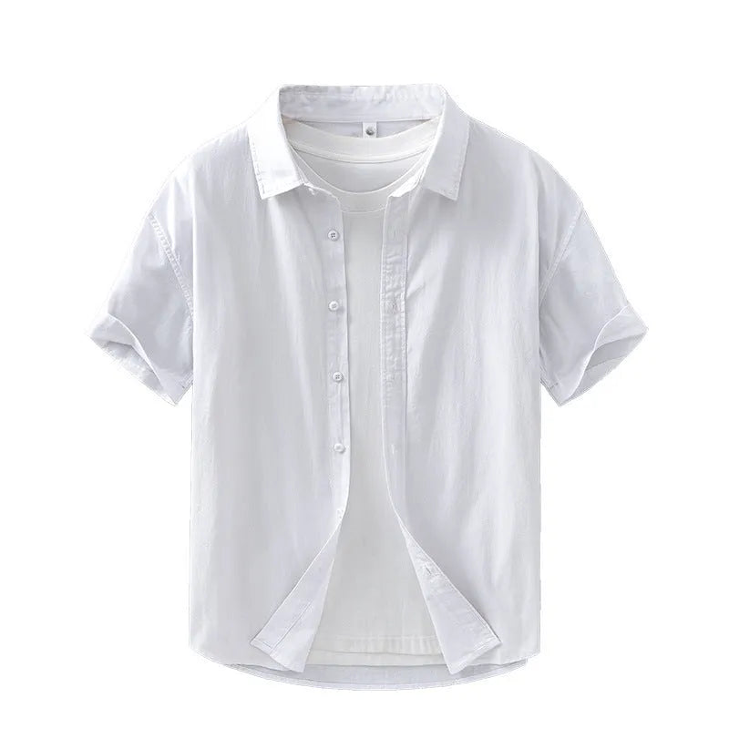 Men's loose-fitting short-sleeved cotton shirt in cardigan style shown in light grey colour