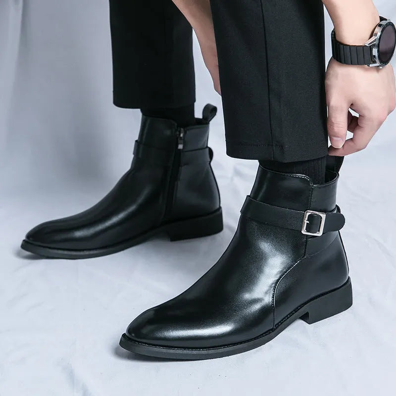 Men's high-top Western boots in black PU leather with tall crown and rubber sole