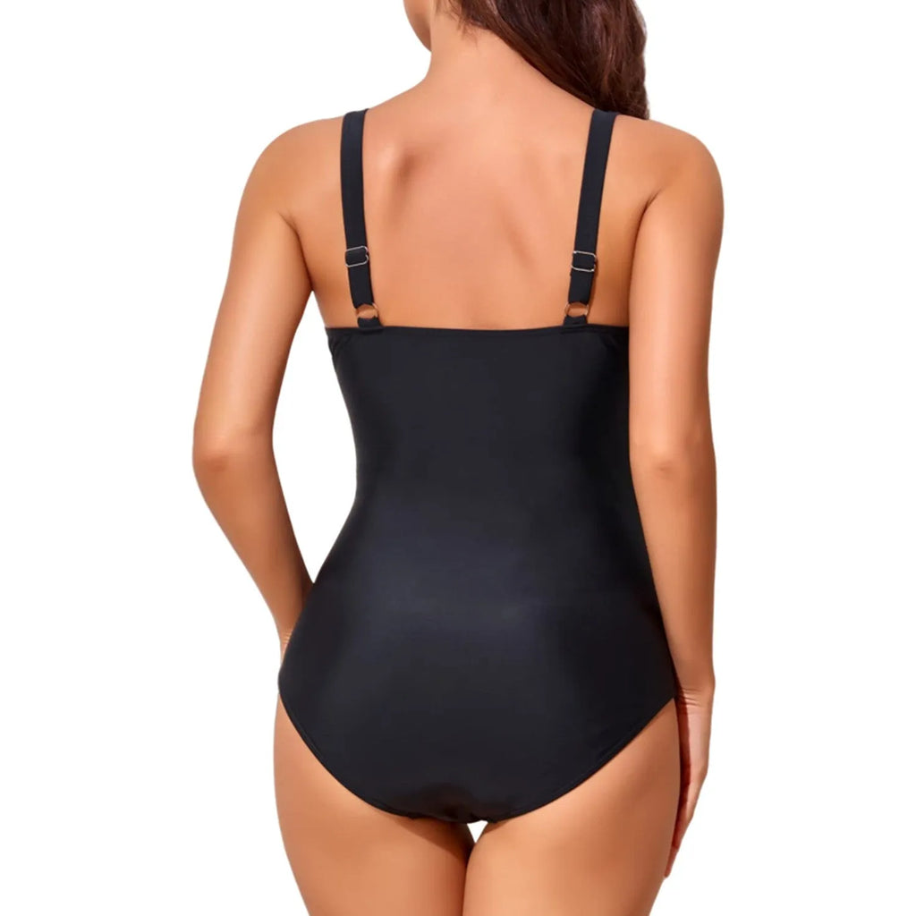 Women's deep V cross pleated one-piece swimsuit in solid colour with backless design