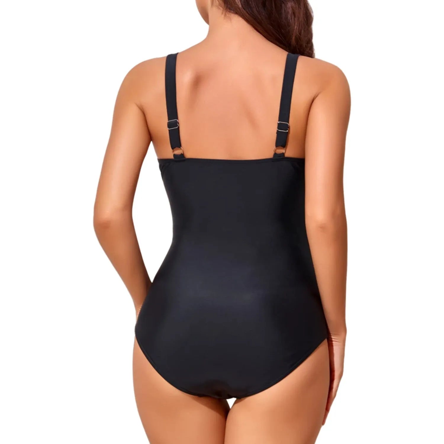Women's deep V cross pleated one-piece swimsuit in solid colour with backless design