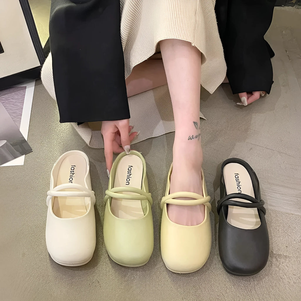 Women's plastic flip flop sandals with baotou toe design in black, beige, or green