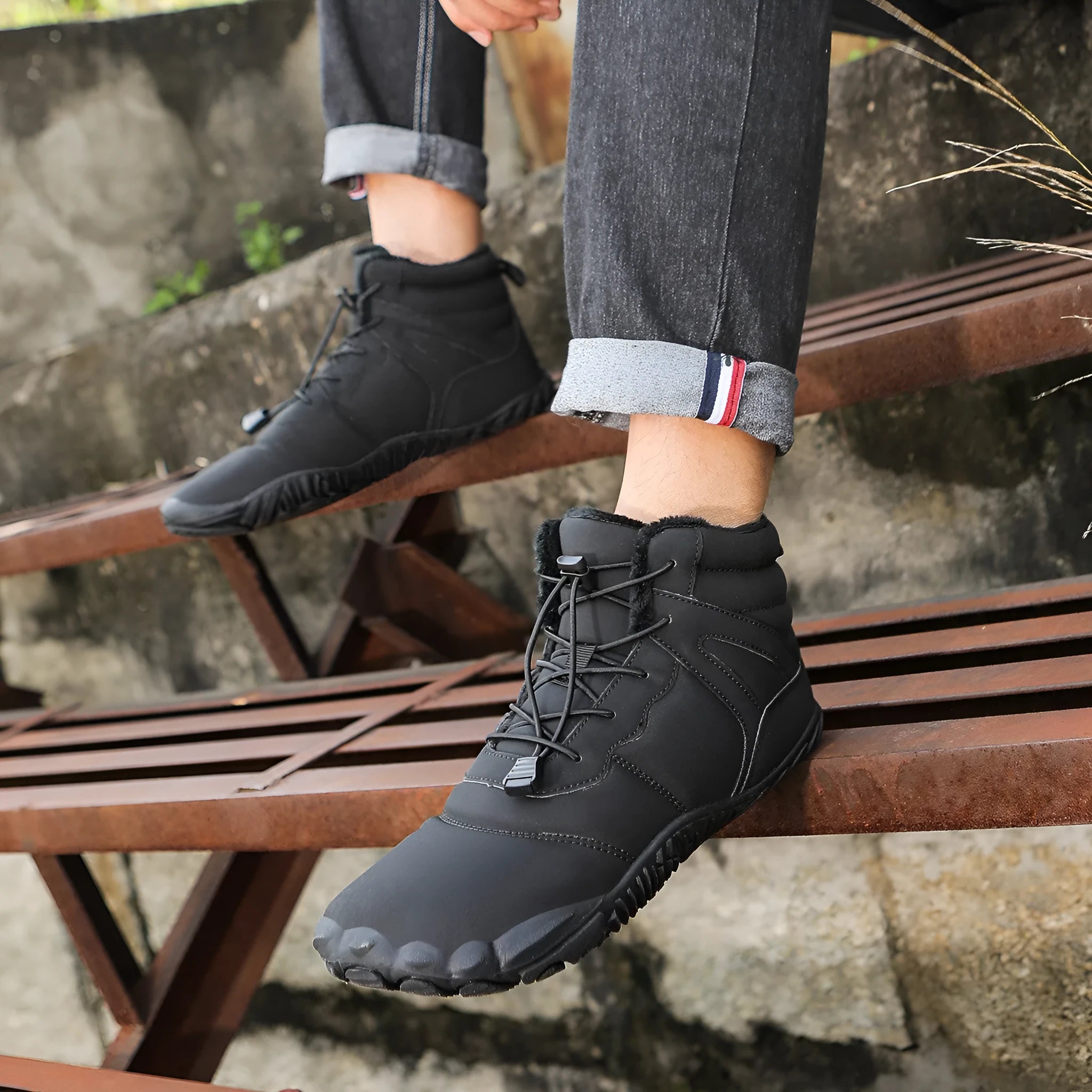 Waterproof five-finger fleece-lined snow boots with a rubber outsole in beige, black, grey, or wine red.