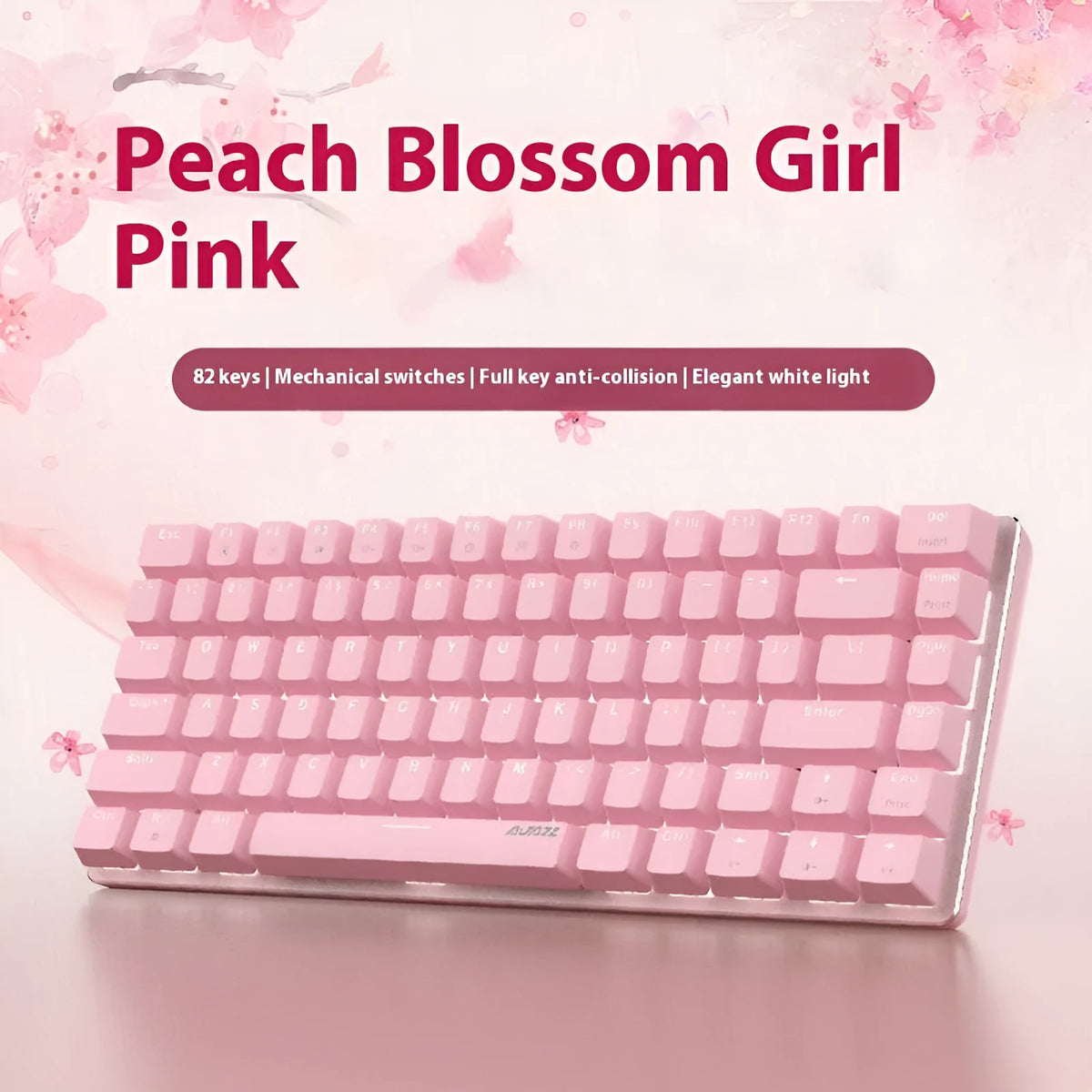 Pink 82-key mechanical gaming keyboard with white backlight and metal construction