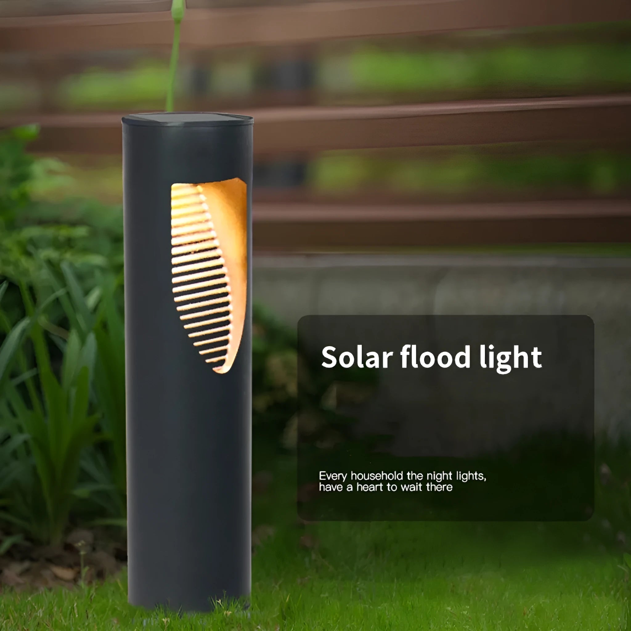Black geometric solar-powered lawn light for outdoor garden use.