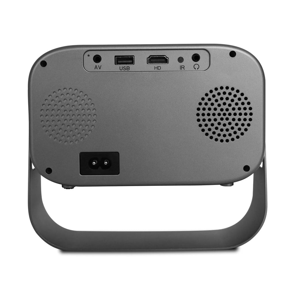 Black portable HD projector with remote control on desk