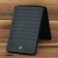 Men's black cowhide leather card holder wallet open to show 18 card slots, money pocket, and phone pocket.