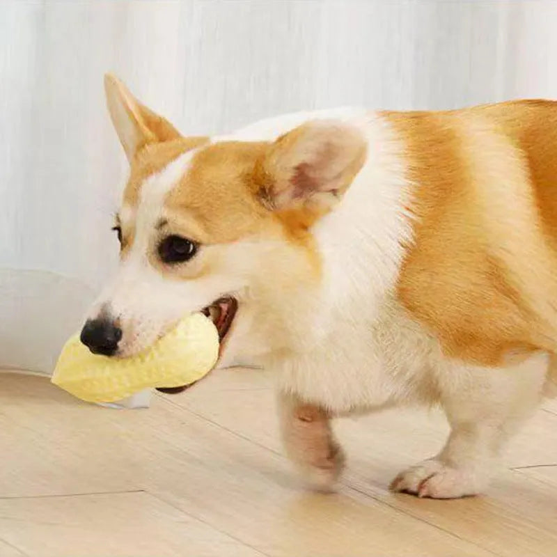 Yellow peanut-shaped dog chew toy with textured surface and squeaker for teeth cleaning and interactive play