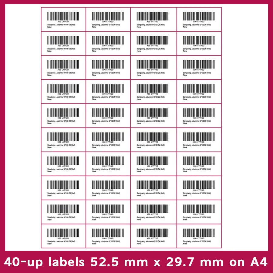 Pack of blank white A4 FBA label paper sheets showing different grid formats for barcodes.
