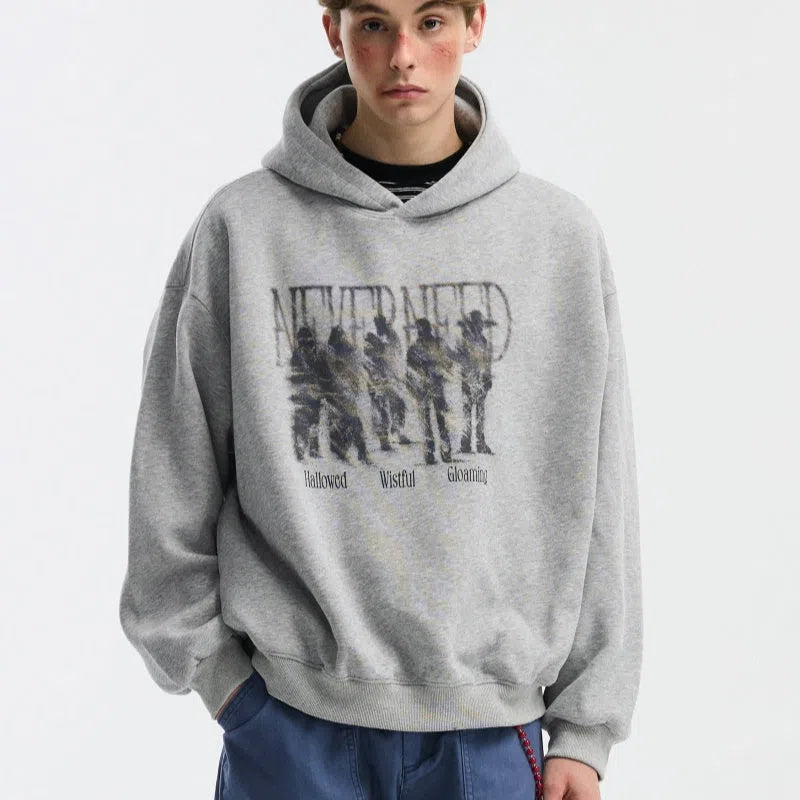 Men's blurred portrait print cotton hooded sweatshirt in loose fit pullover style, black colour