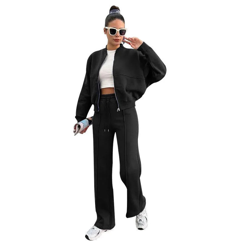 Women's fleece zipper cardigan and straight pants suit in black, two-piece casual set with stitching details