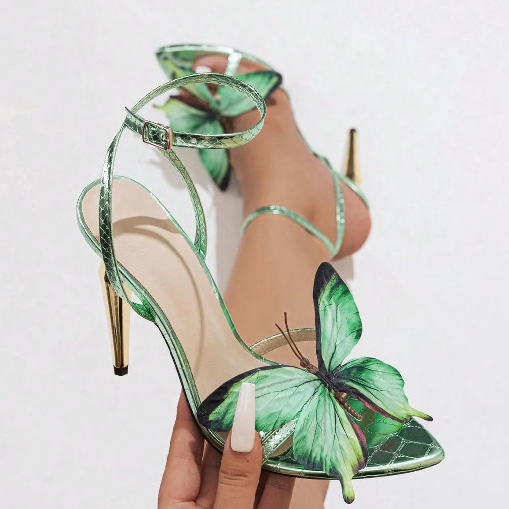 Women's green stiletto heel sandals with three-dimensional butterfly decorations and electroplated finish