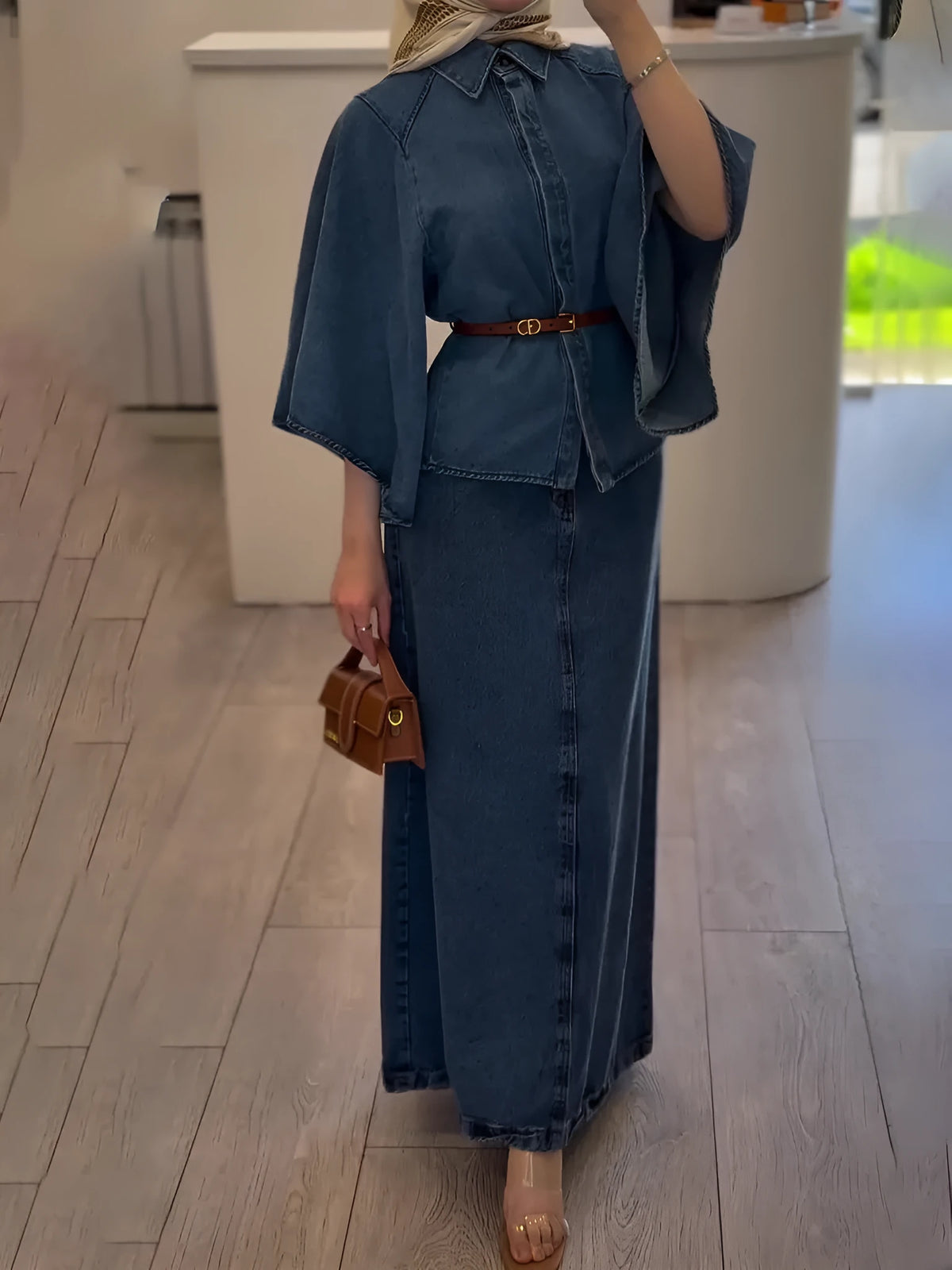 Denim cape top and maxi skirt set in plain design, regular fit, inelastic denim, sizes XS to 2XL