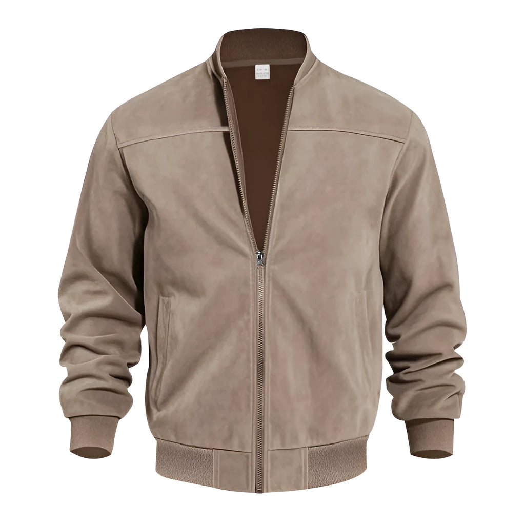 Men's plus size casual suede jacket with a zip and regular sleeves in Army Green colour.
