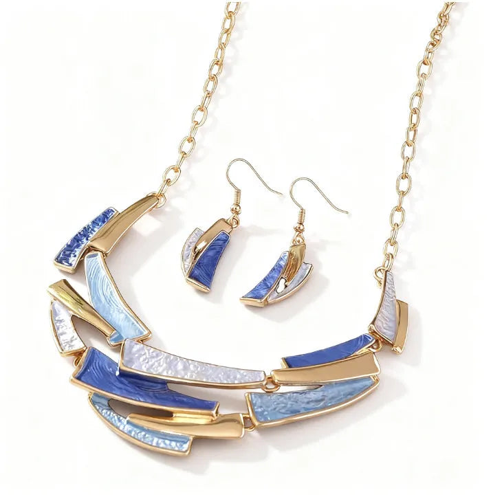 Blue zinc alloy necklace and earrings set with twist link chain and irregular quadrilateral alloy pendant for women