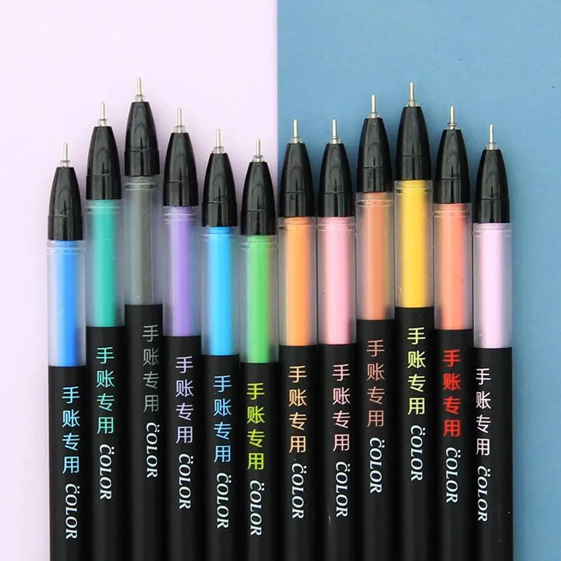 Candy colour gel pen set with plastic shell and non-erasable ink, available in random or twelve pen options.