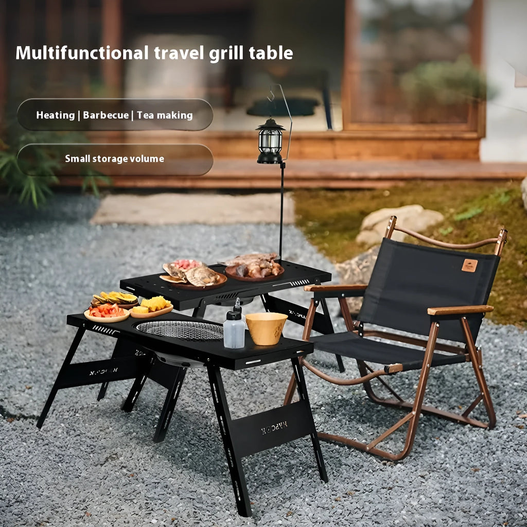 Black steel folding barbecue table with grill for outdoor cooking