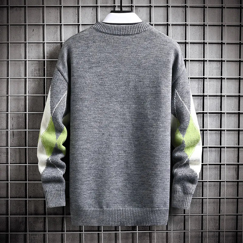 Men's loose fit geometric pattern long sleeve round neck sweater in black, grey, and red colour options