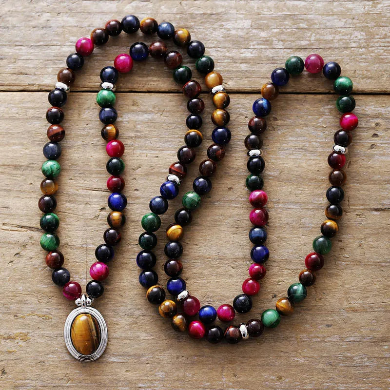 Natural stone meditation necklace bracelet with 108 pendants showing colour tiger-eye beads and mixed gem charms