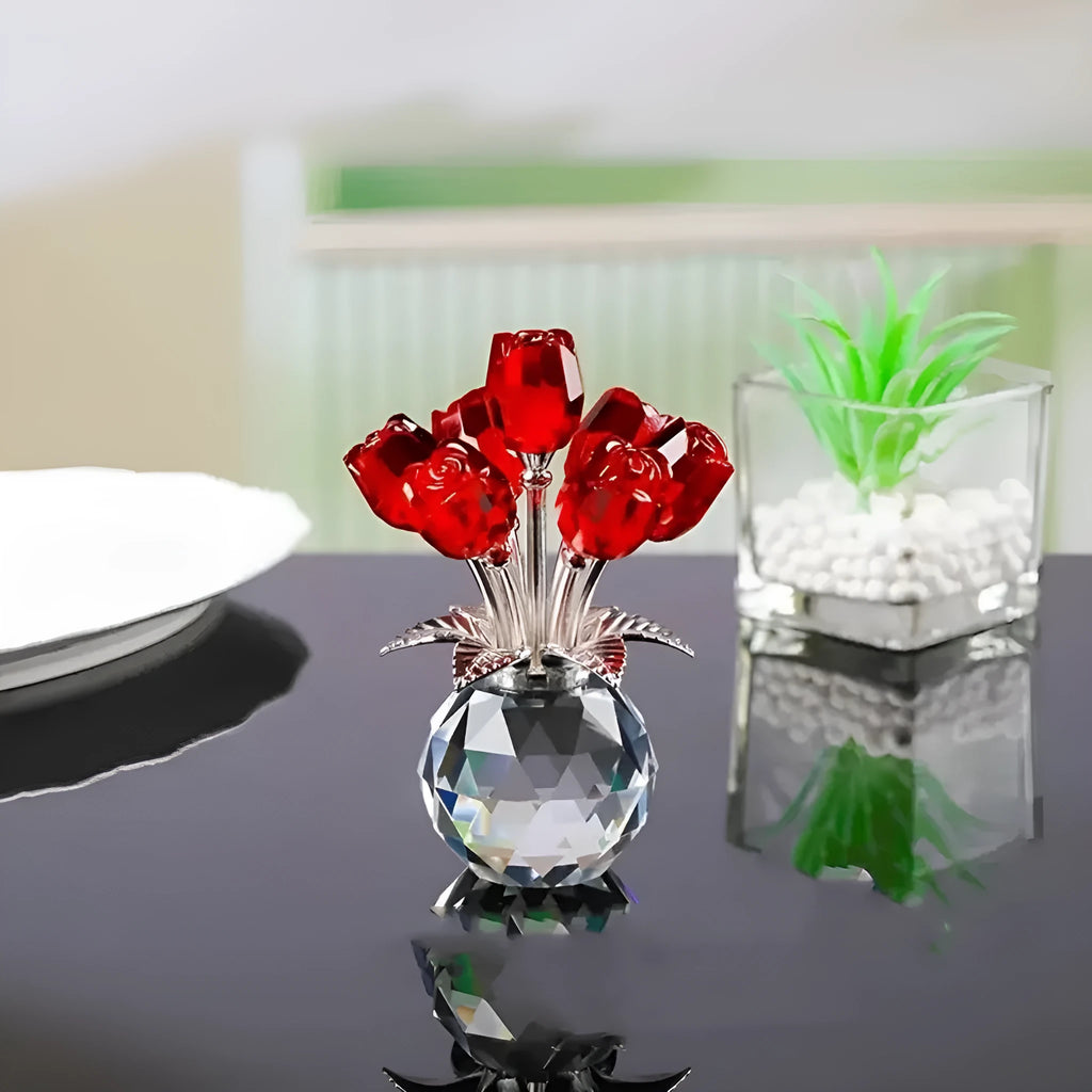 K9 crystal glass rose ornament with wire drawing details in seven colour options for home decoration
