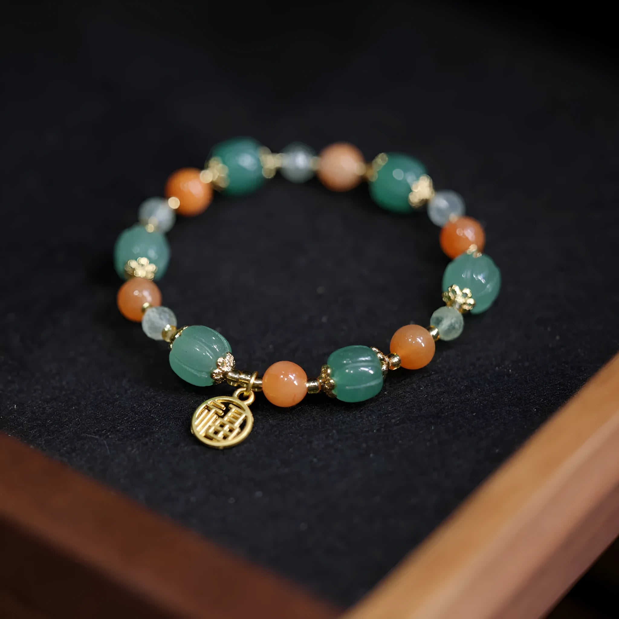 Chinese style Duobao pumpkin bracelet in Jinsi Jade with prehnite bead for women's 14-16.5cm wrist