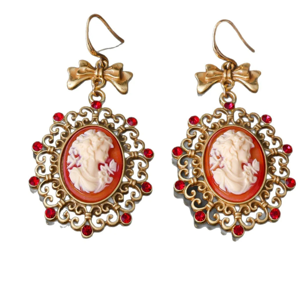 Retro court beauty head earrings in alloy with bow detail and electroplated finish, Beauty Head Ear Drops colour.