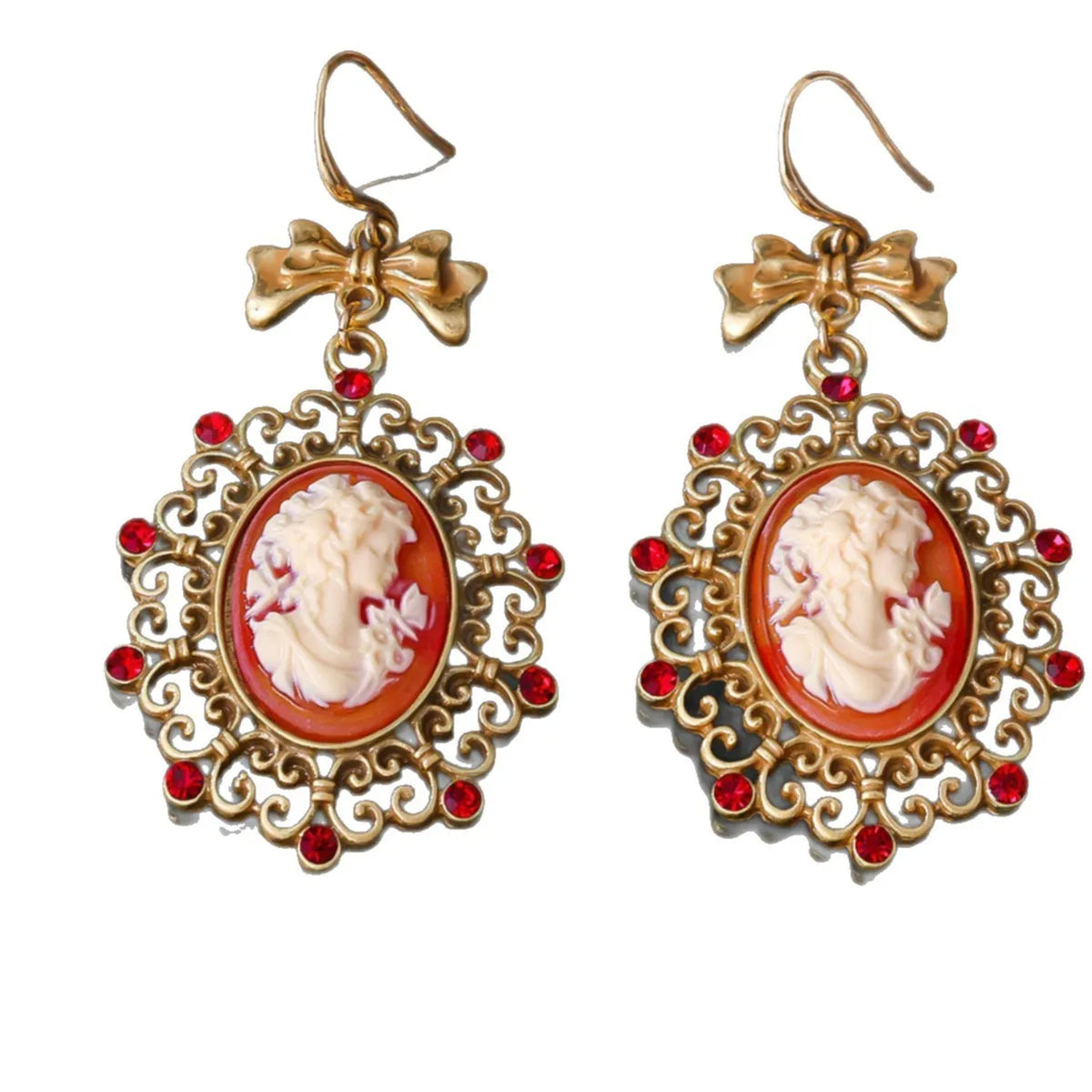 Retro court beauty head earrings in alloy with bow detail and electroplated finish, Beauty Head Ear Drops colour.