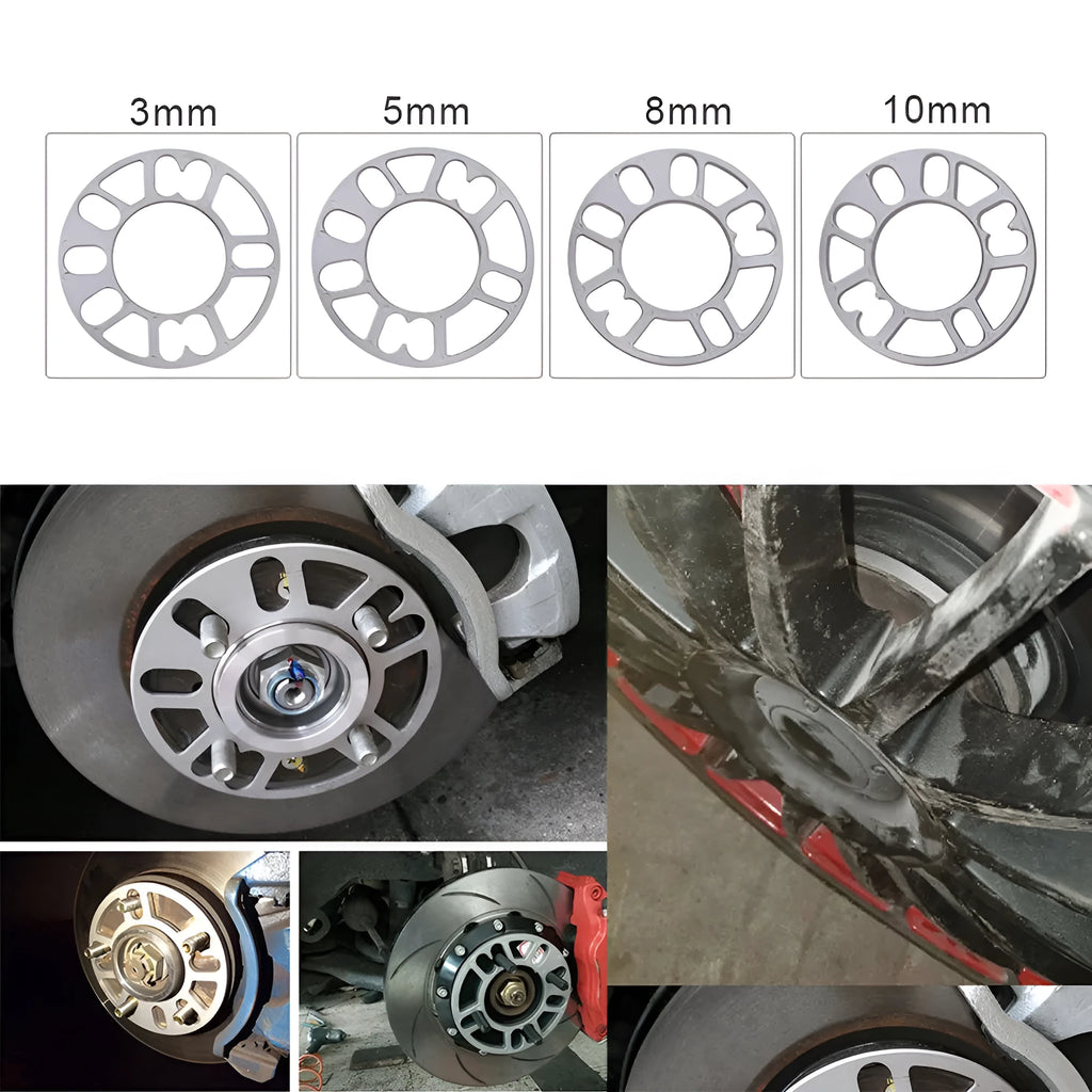 Aluminium alloy automobile hub widening gasket for wheel modification in 3mm, 5mm, 8mm, 10mm thicknesses.