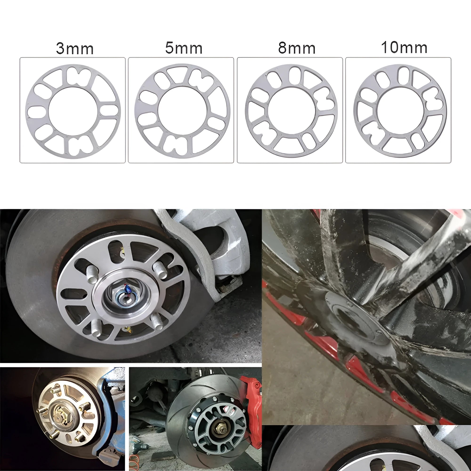 Aluminium alloy automobile hub widening gasket for wheel modification in 3mm, 5mm, 8mm, 10mm thicknesses.
