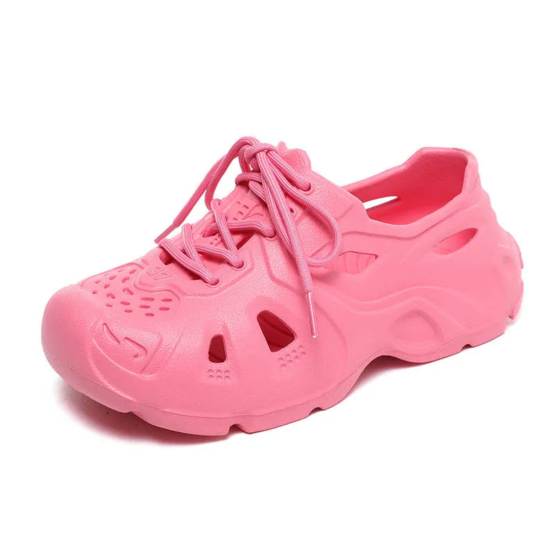 Unisex high elastic EVA sandals with thick sole in fluorescent green, orange red, and rose red.