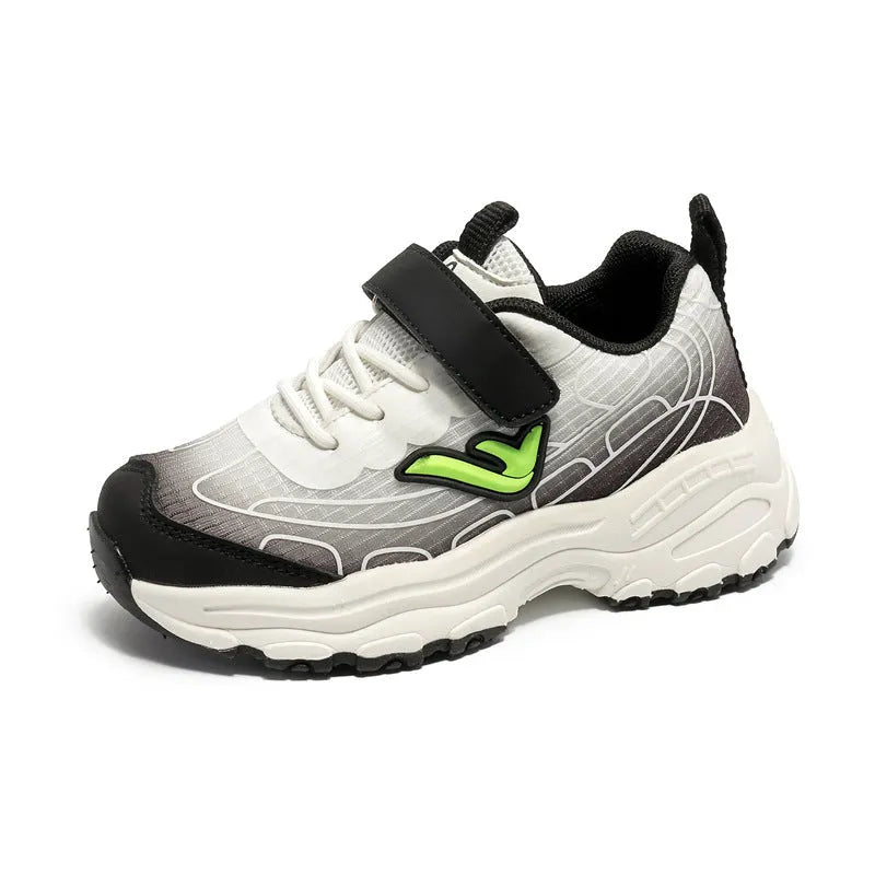 Black and purple striped children's lace-up sneakers with a mesh upper and rubber sole.
