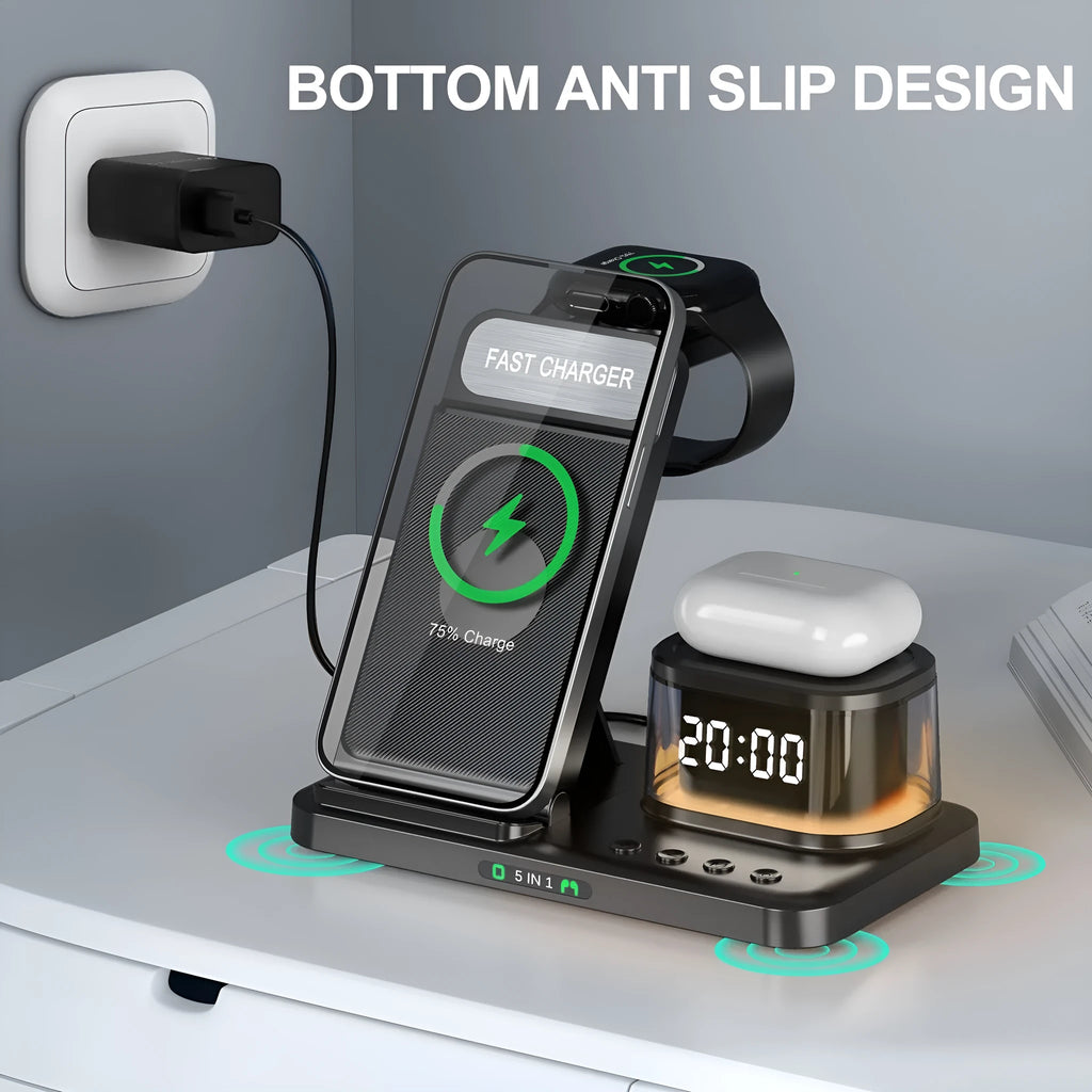 Black foldable wireless charging stand with USB outlet, QC3.0 fast charging and 15W maximum output